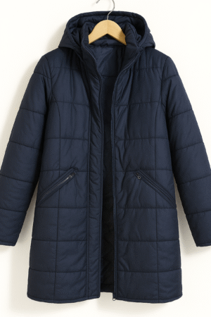 Campera larga azul con  bolsillos con cierre