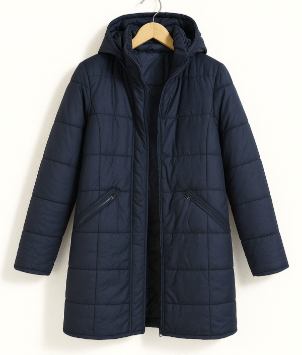 Campera larga azul con  bolsillos con cierre