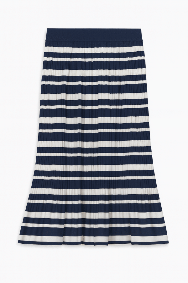 Falda Midi Plisada Rayada Azul Marino y Blanco