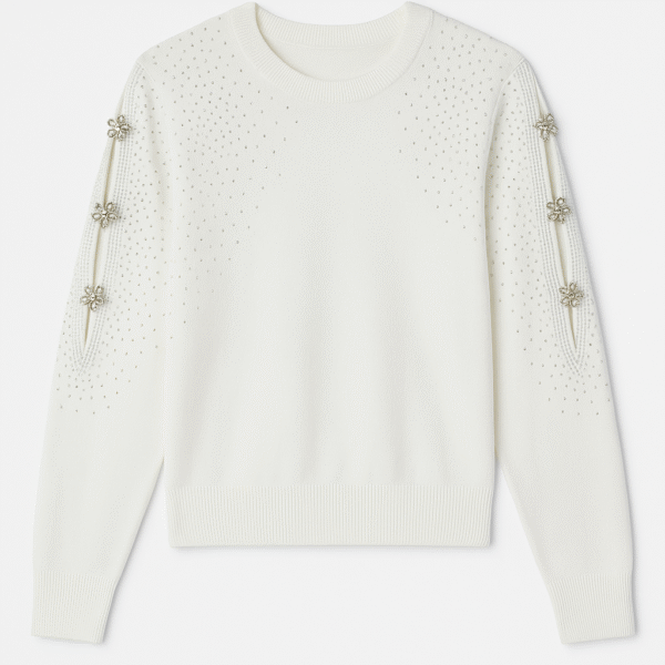 Sweater Blanco Empolvado con Apliques Florales y Detalles Calados
