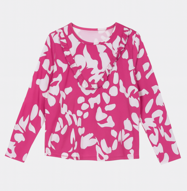 Blusa fucsia con volado y estampa abstracta