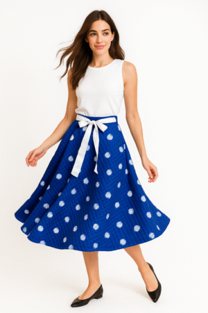 Falda azul con lunares negros y lazo satinado
