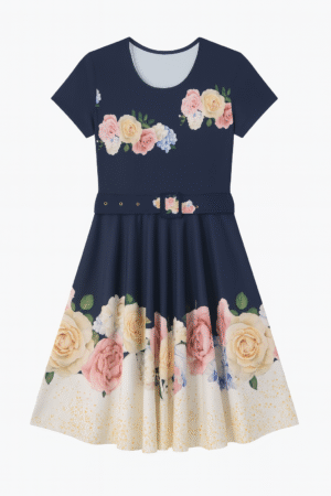 Vestido floral con cinturón – Azul marino
