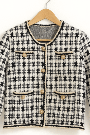 Saco tejido blanco y negro estilo Chanel con botones dorados