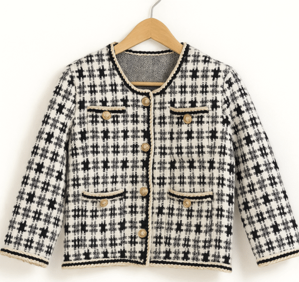 Saco tejido blanco y negro estilo Chanel con botones dorados