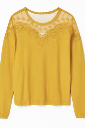 Sweater Mostaza con Encaje y Transparencia en el Escote