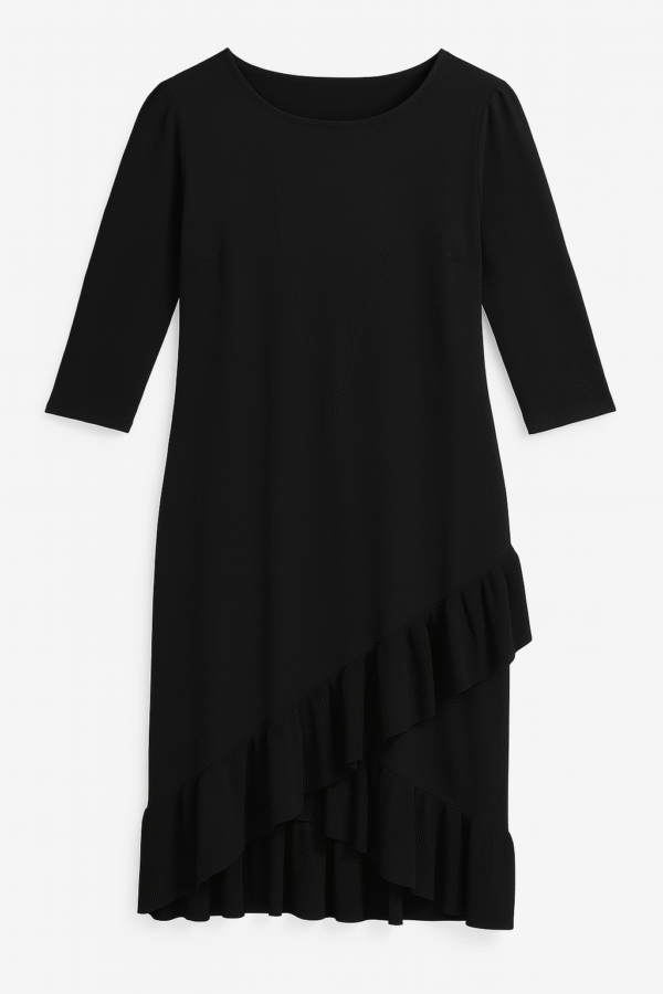 Vestido Calvin Klein Negro – Sofisticación Minimalista con Detalle de Volados Importado USA