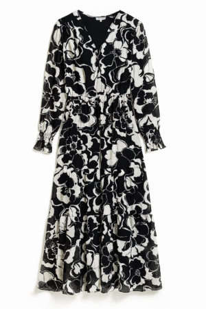 Vestido midi estampado floral blanco y negro