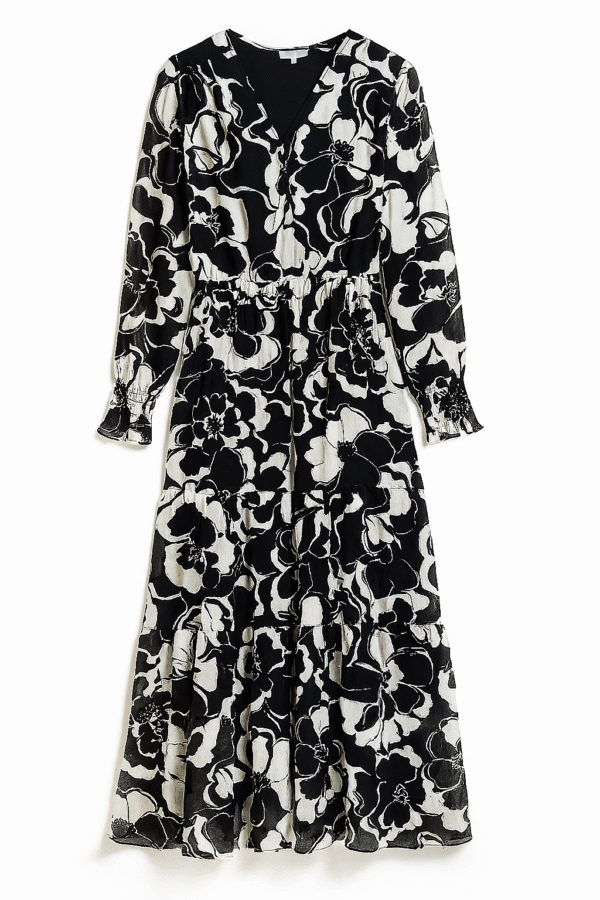 Vestido midi estampado floral blanco y negro