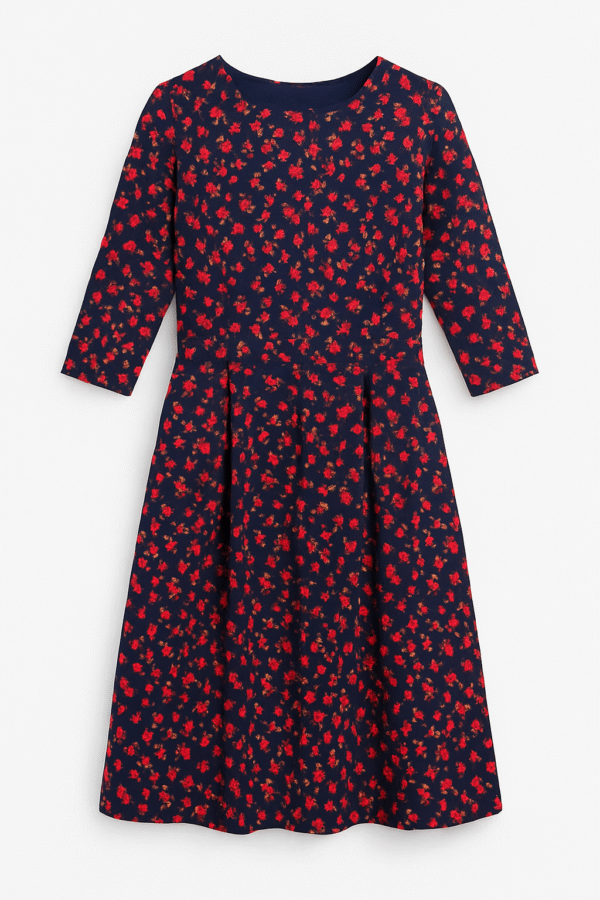 Vestido Azul con Flores Rojas – Estilo Elegancia Casual