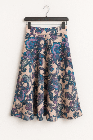 Falda beige con estampado floral en tonos azules y violetas