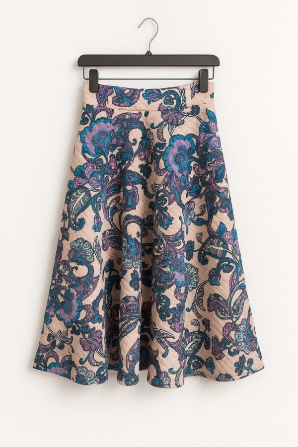 Falda beige con estampado floral en tonos azules y violetas