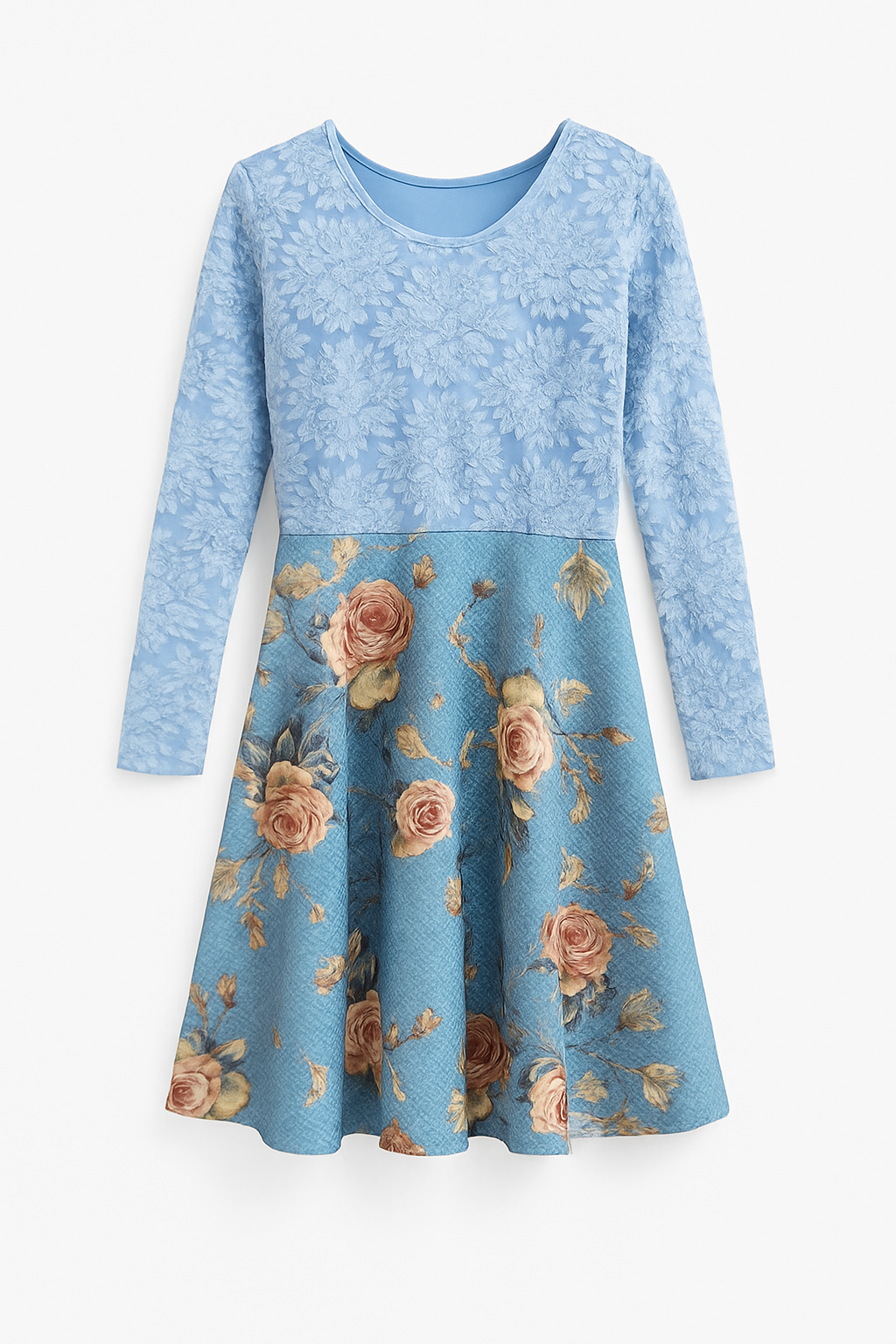 Vestido celeste con encaje floral y falda estampada