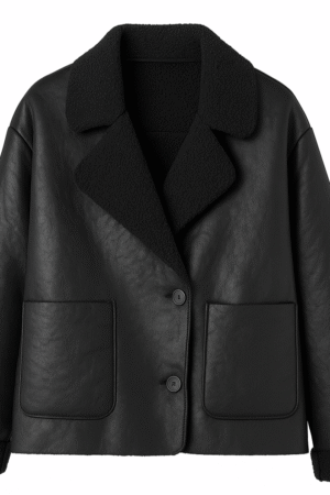 Campera negra de cuero vegano con interior de corderito