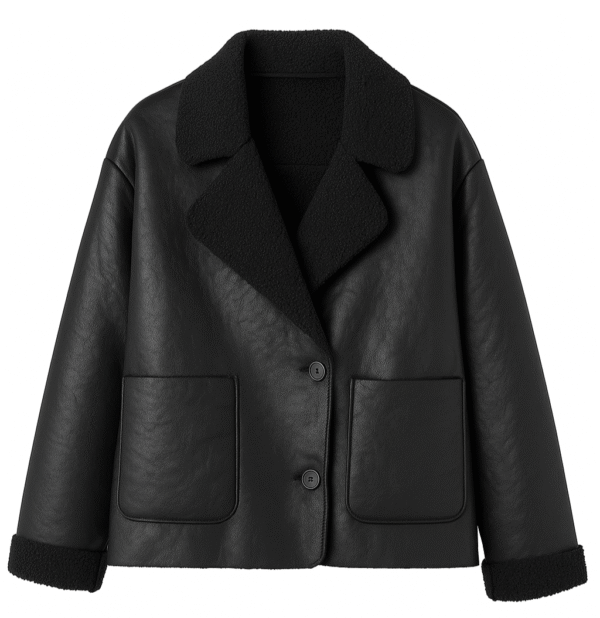 Campera negra de cuero vegano con interior de corderito