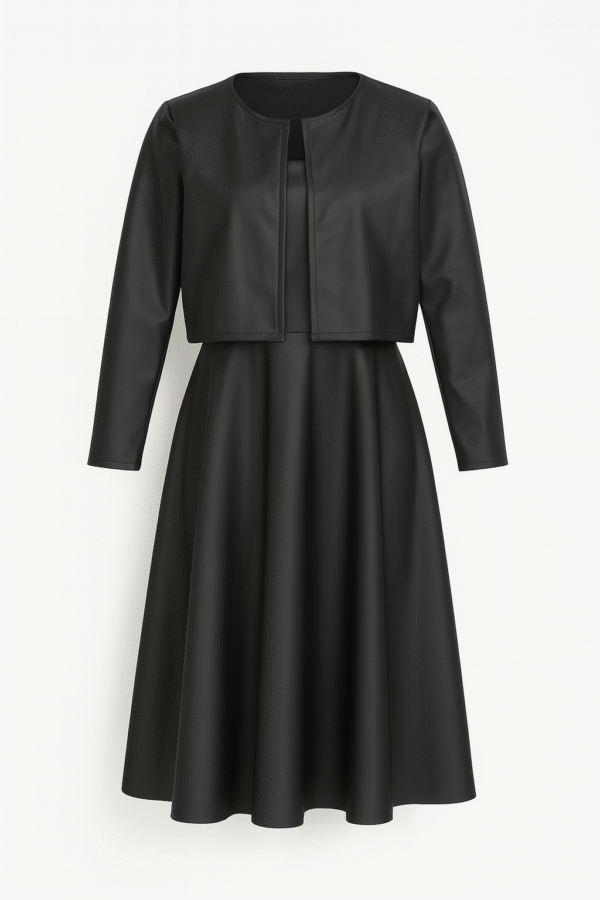 Conjunto Negro de Eco Cuero: Vestido + Chaqueta Corta