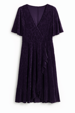 Vestido Calvin Klein de terciopelo violeta con diseño floral en relieve