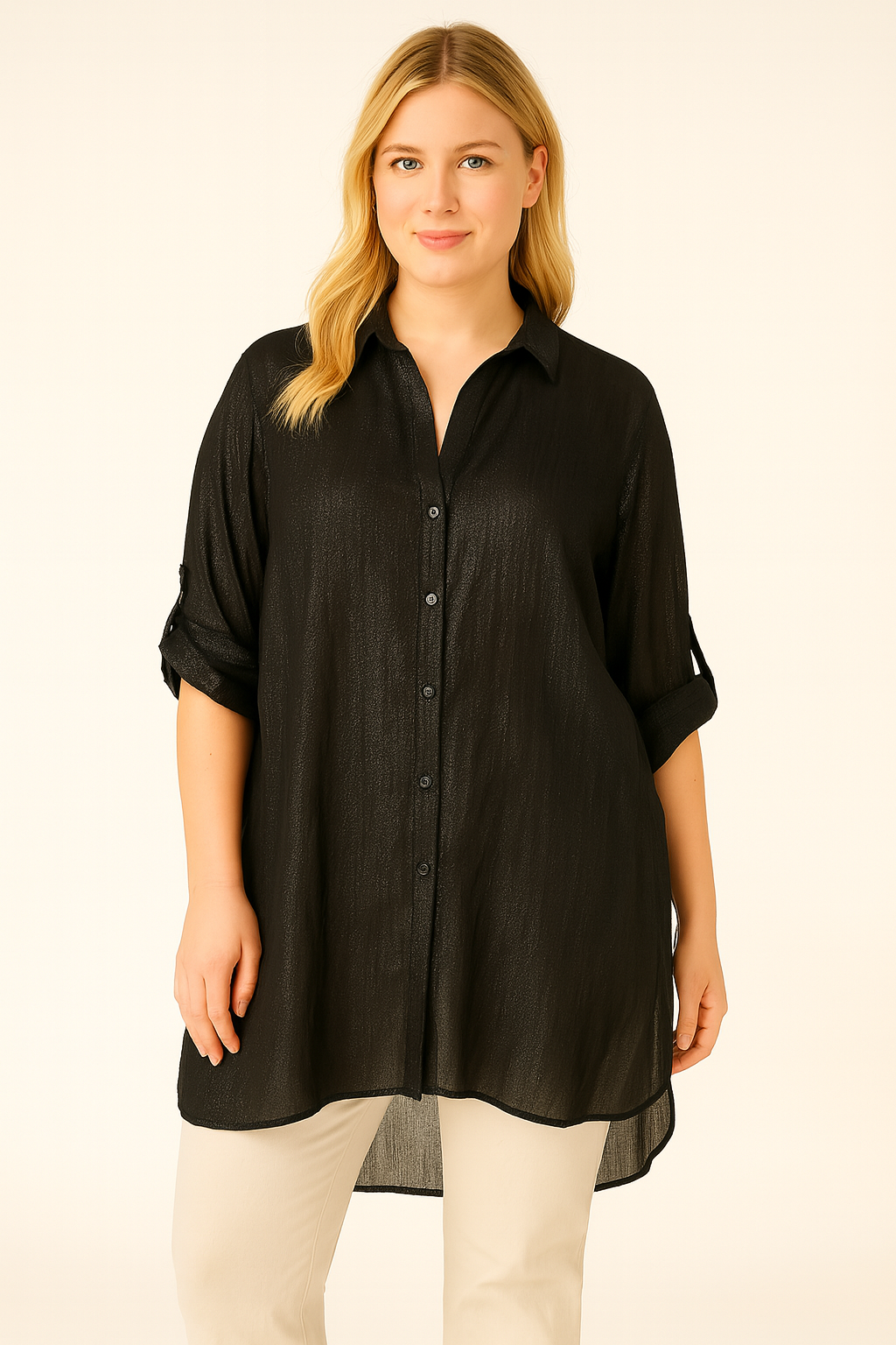 Camisa Larga Negra con Lurex Plateado