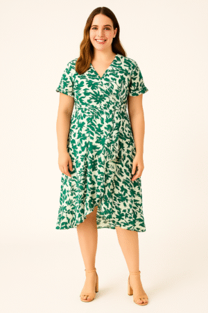 🌿 Vestido cruzado verde con volados