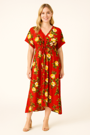 Vestido Largo Rojo con Estampado Floral Amarillo 🌺✨