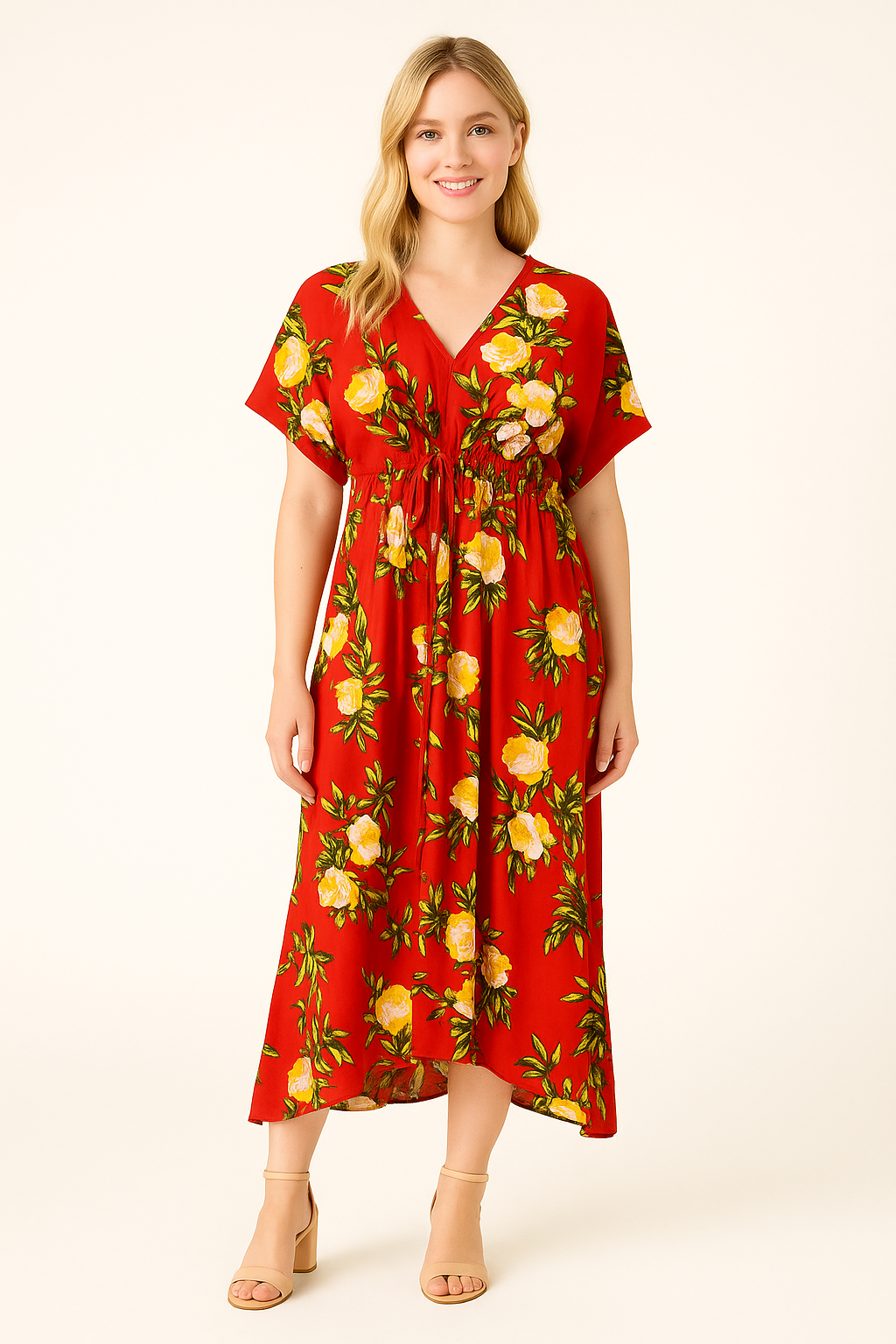 Vestido Largo Rojo con Estampado Floral Amarillo 🌺✨